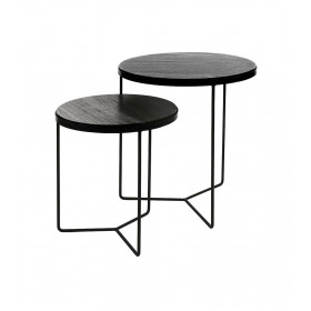 Set 2 Tables Basses MISO Rondes Plateau Placage Chêne sur 3 Pieds - Diam 40/50 x H. 46/56 cm - POMAX