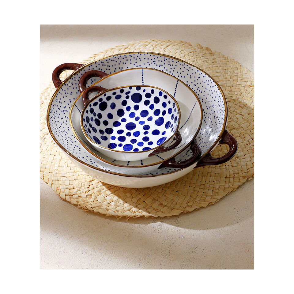Bol à pâtes en porcelaine blanche mouchetée bleu ANAFI - 13,2x11,8x6 cm - POMAX