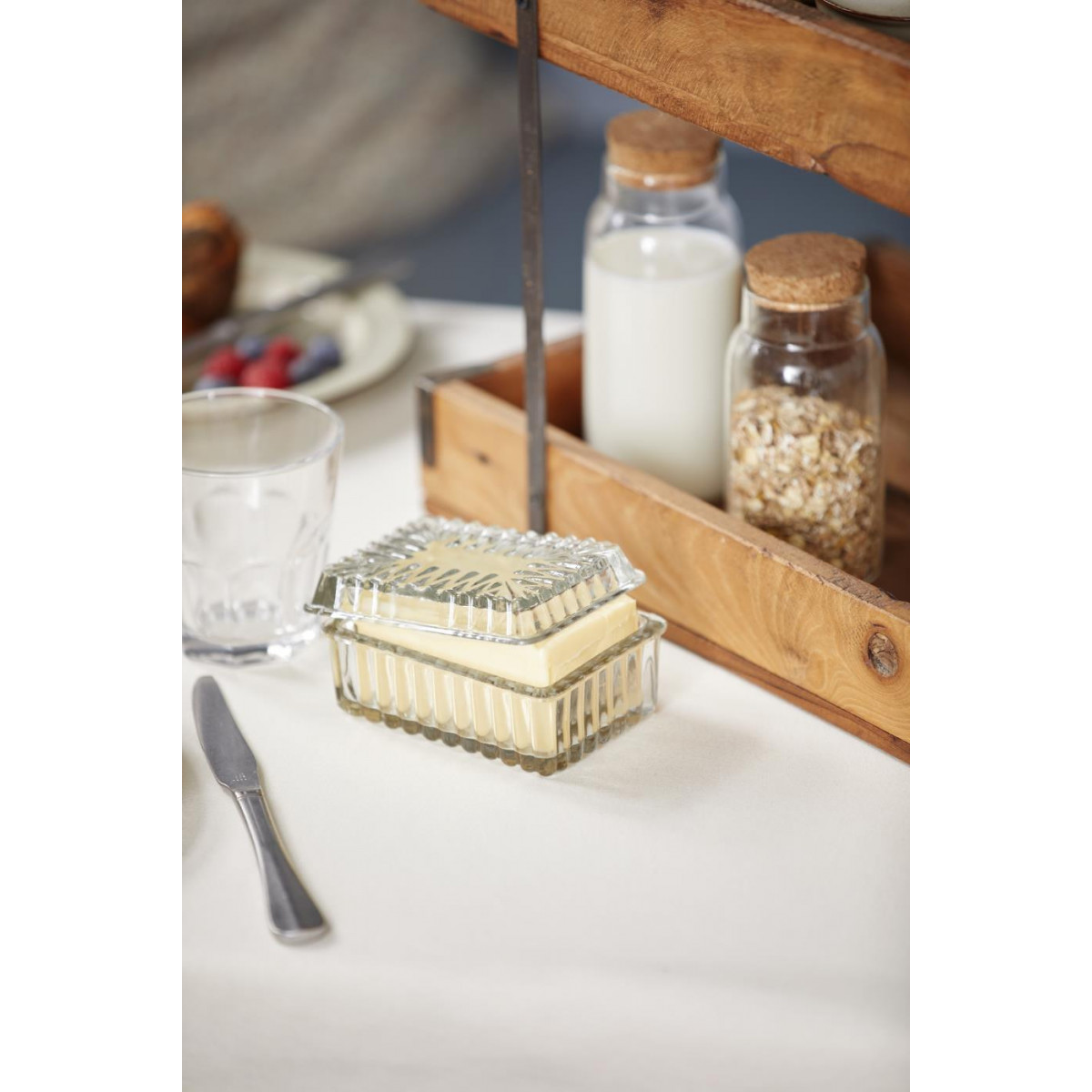 HDCRYSTALGIFTS - Beurrier En Verre Rectangulaire Avec Couvercle - Porte-beurre Hermétique, Design Vintage - Dimensions 17.8 X 13.7 X 9.9 Cm - Transparent