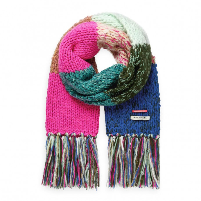 Scotch And Soda Hand knit striped fringe scarf Pink and Green