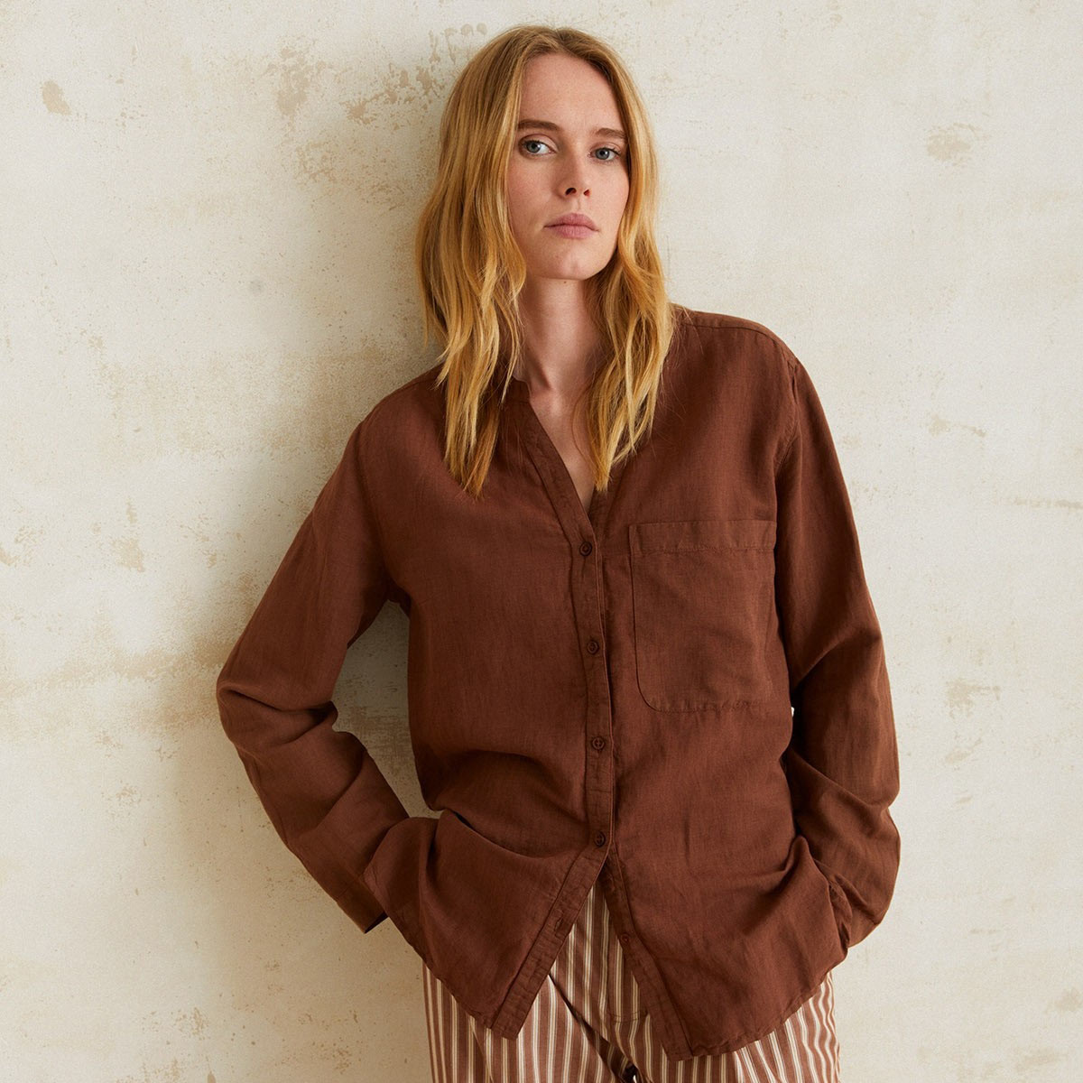 Chemise manches longues col mao ecru femme | La Halle
