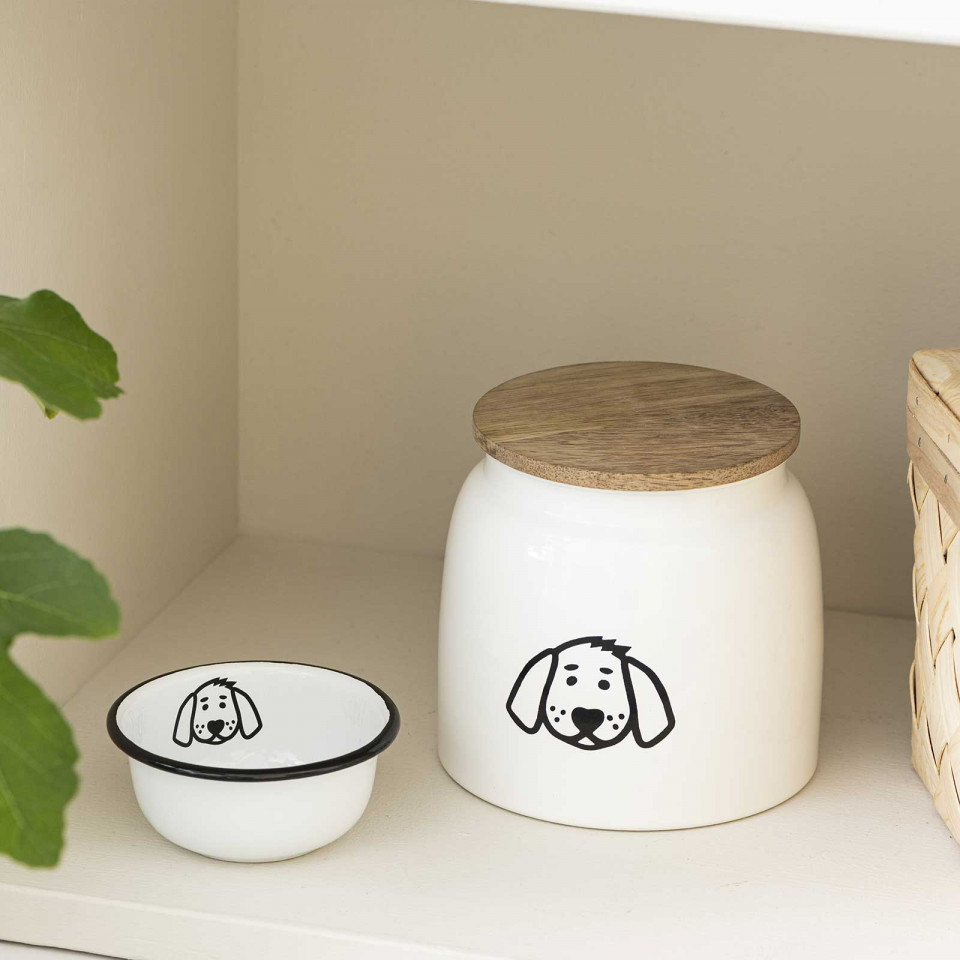 Pot métal pour nourriture pour chien avec couvercle en bois