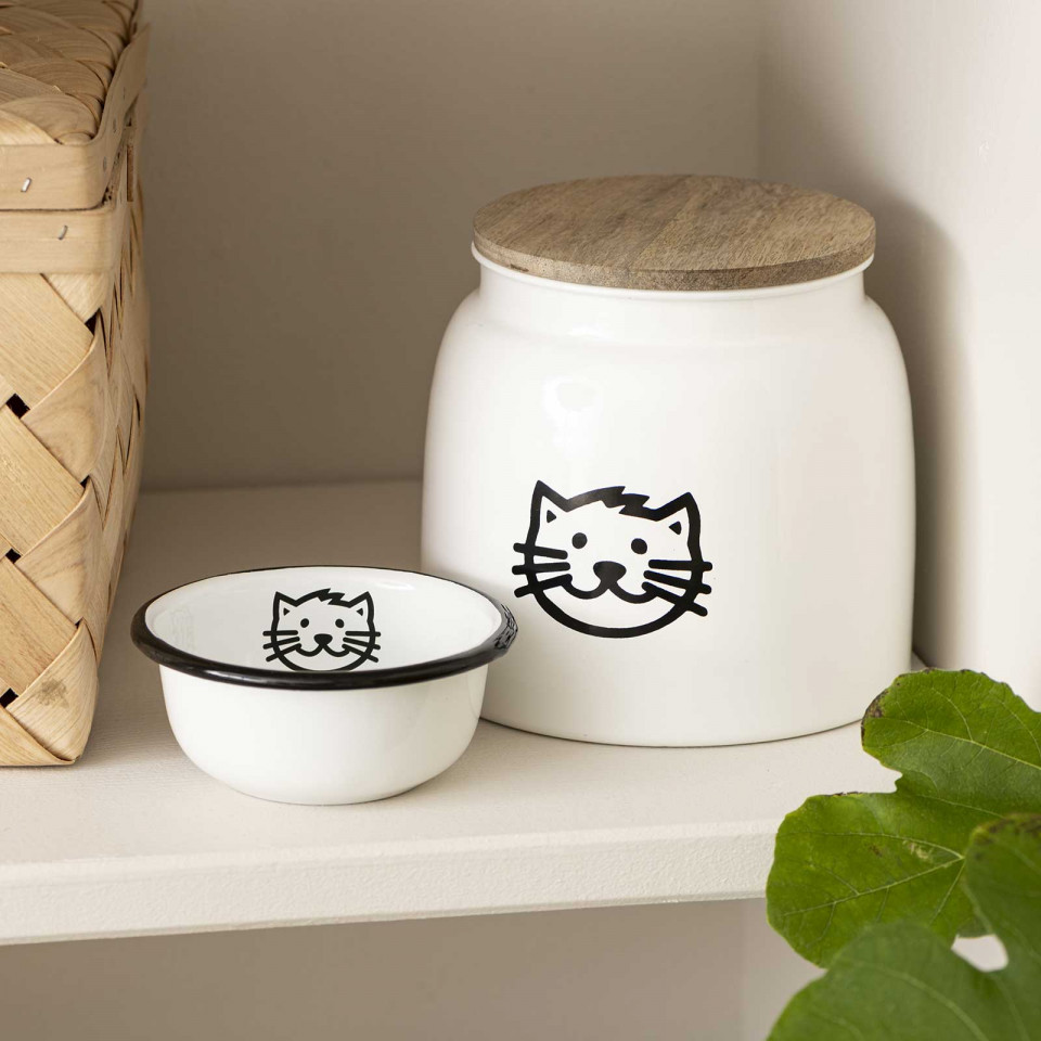 Pot métal pour nourriture pour chat avec couvercle en bois