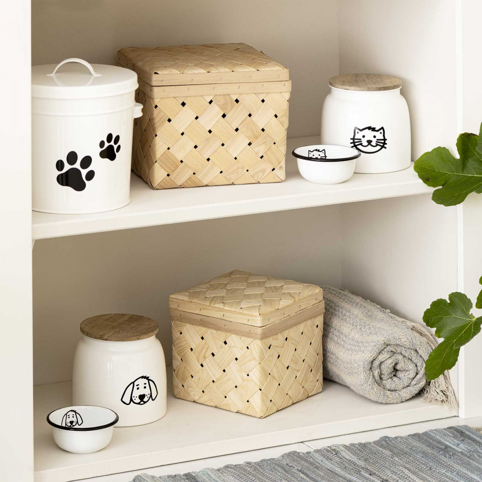 Pot métal pour nourriture pour chat avec couvercle en bois