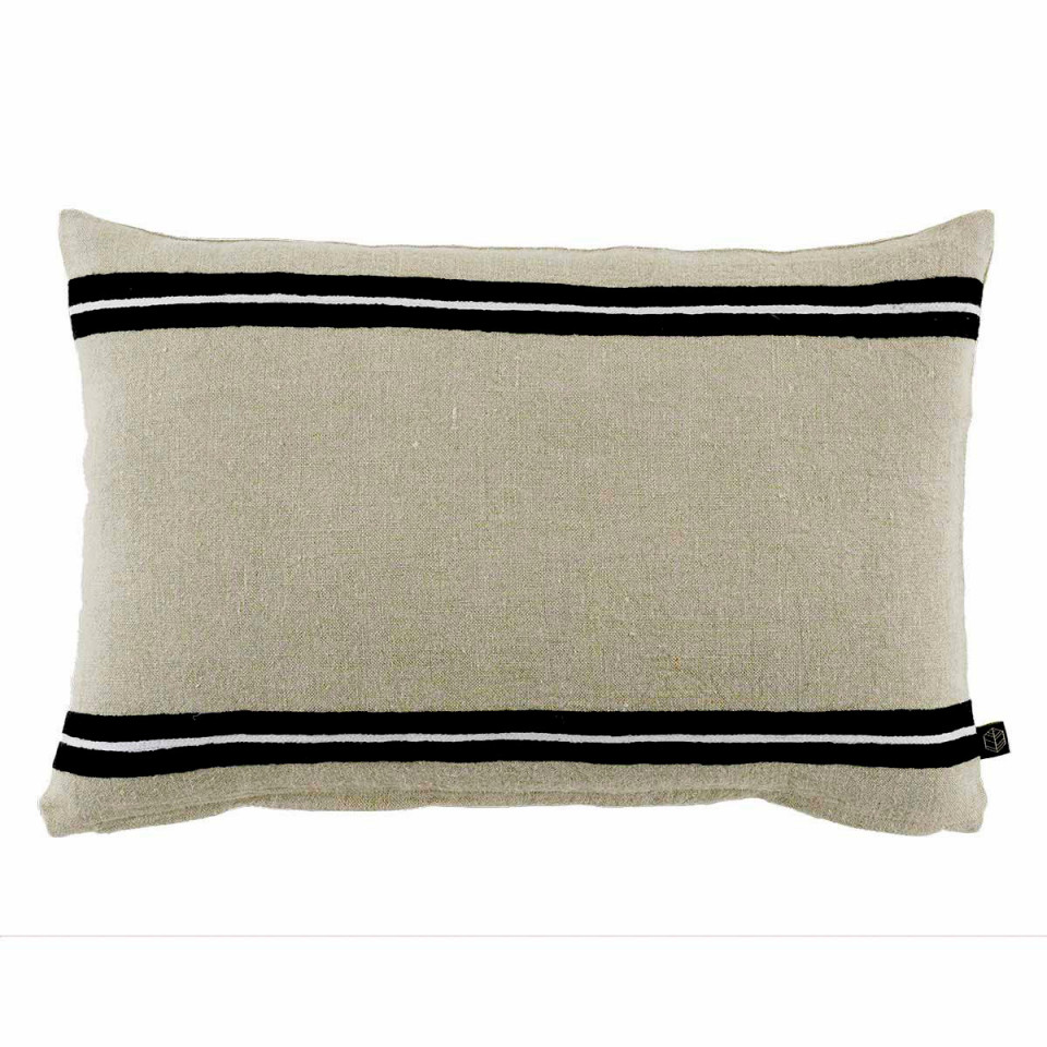 Housse de Coussin en Lin Lavé et Rayure Noire SKAGEN