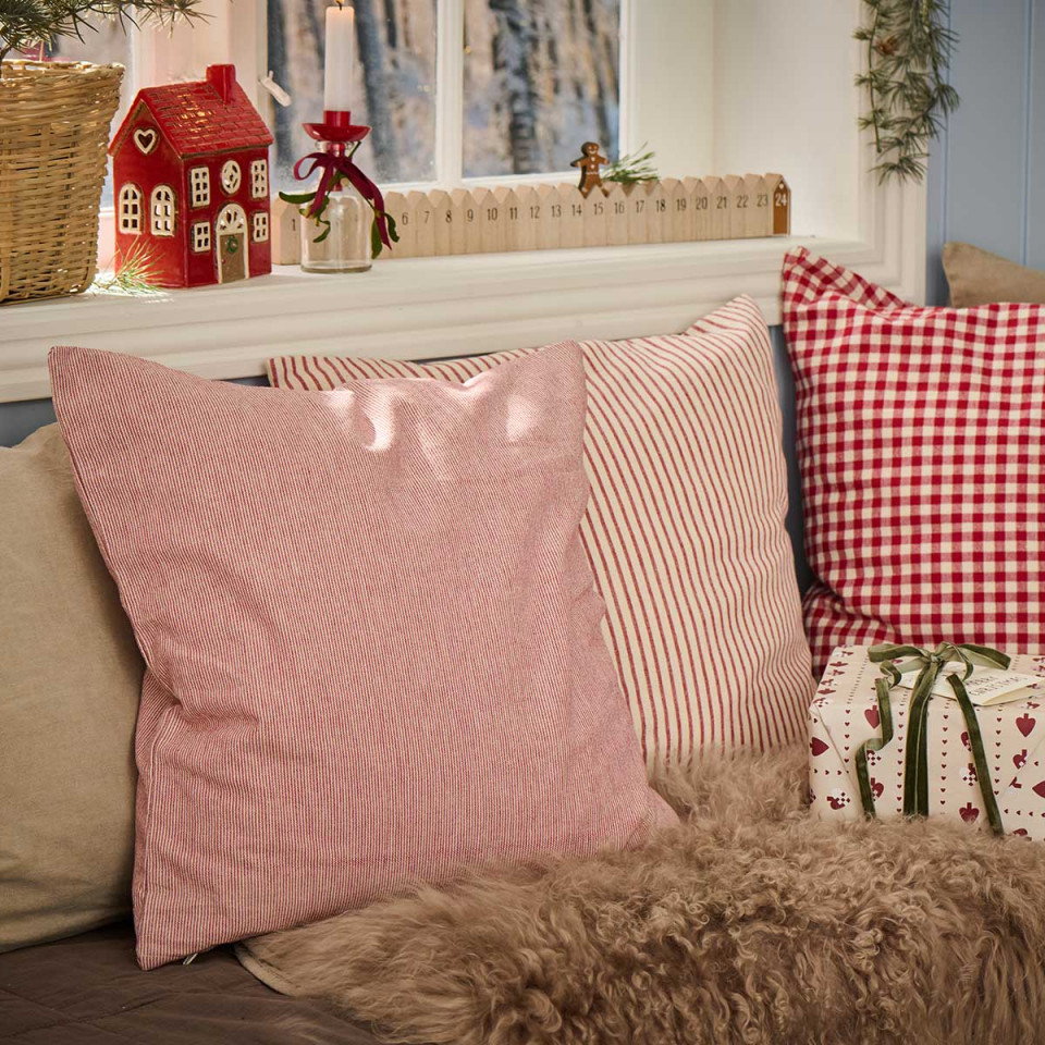 Housse de Coussin à Fines Rayures Blanches et Rouges