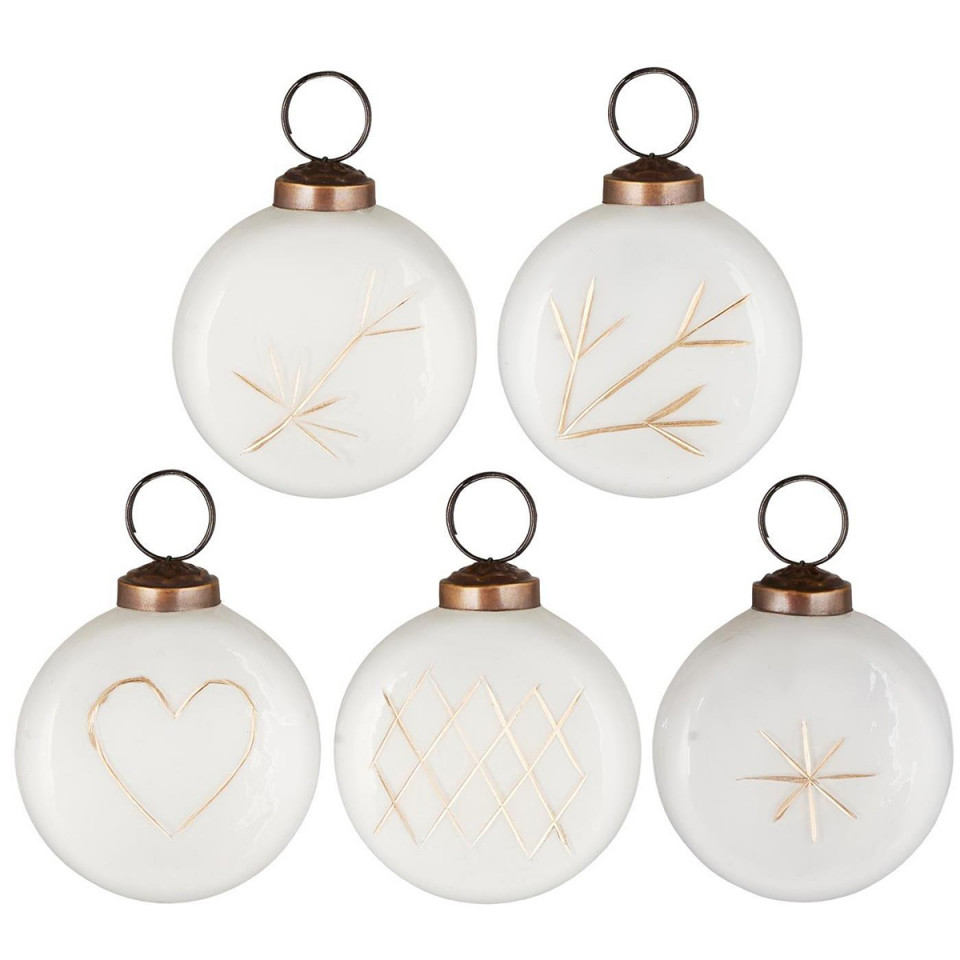 Boules de noel en verre blanc mat avec incrustations
