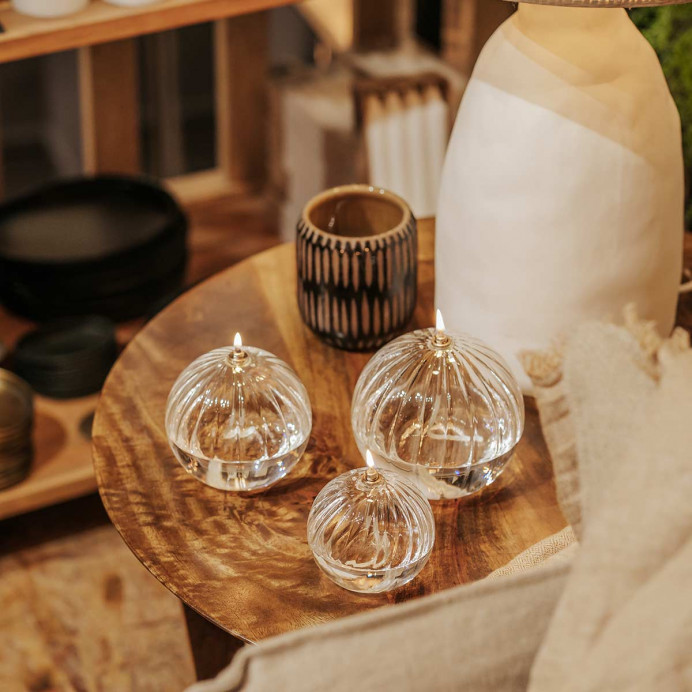 Set 3 Lampes à Huile Sphère Striée en Verre + Huile de Paraffine – Lumière Décorative Sculptée | Impression Lin