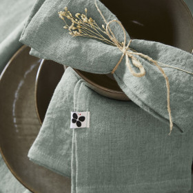 Lot de 3 Serviettes en Lin Lavé SOLINE Couleur:Eucalyptus Dimensions:40 x 40 L'Effet Papillon