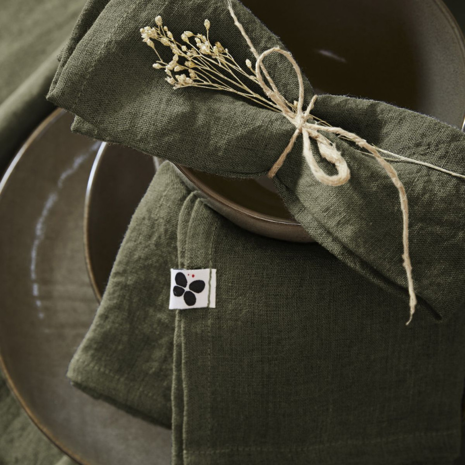 Lot de 3 Serviettes en Lin Lavé SOLINE Couleur:Thym Dimensions:40 x 40 L'Effet Papillon