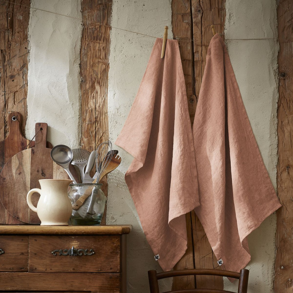 Lot de 2 torchons Lin Lavé SOLINE Couleur:Vieux Rose Dimensions:50 x 70 L'Effet Papillon