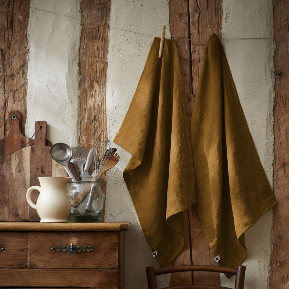Lot de 2 torchons Lin Lavé SOLINE Couleur:Caramel Dimensions:50 x 70 L'Effet Papillon