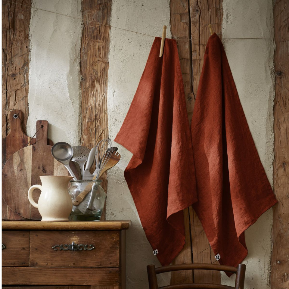 Lot de 2 torchons Lin Lavé SOLINE Couleur:Paprika Dimensions:50 x 70 L'Effet Papillon