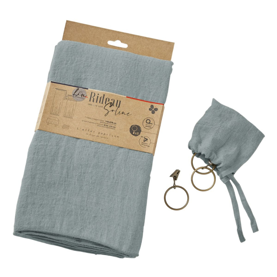 Rideau ajustable + 8 anneaux pince Lin Lavé SOLINE Couleur:Azur Dimensions:140 x 270 L'Effet Papillon