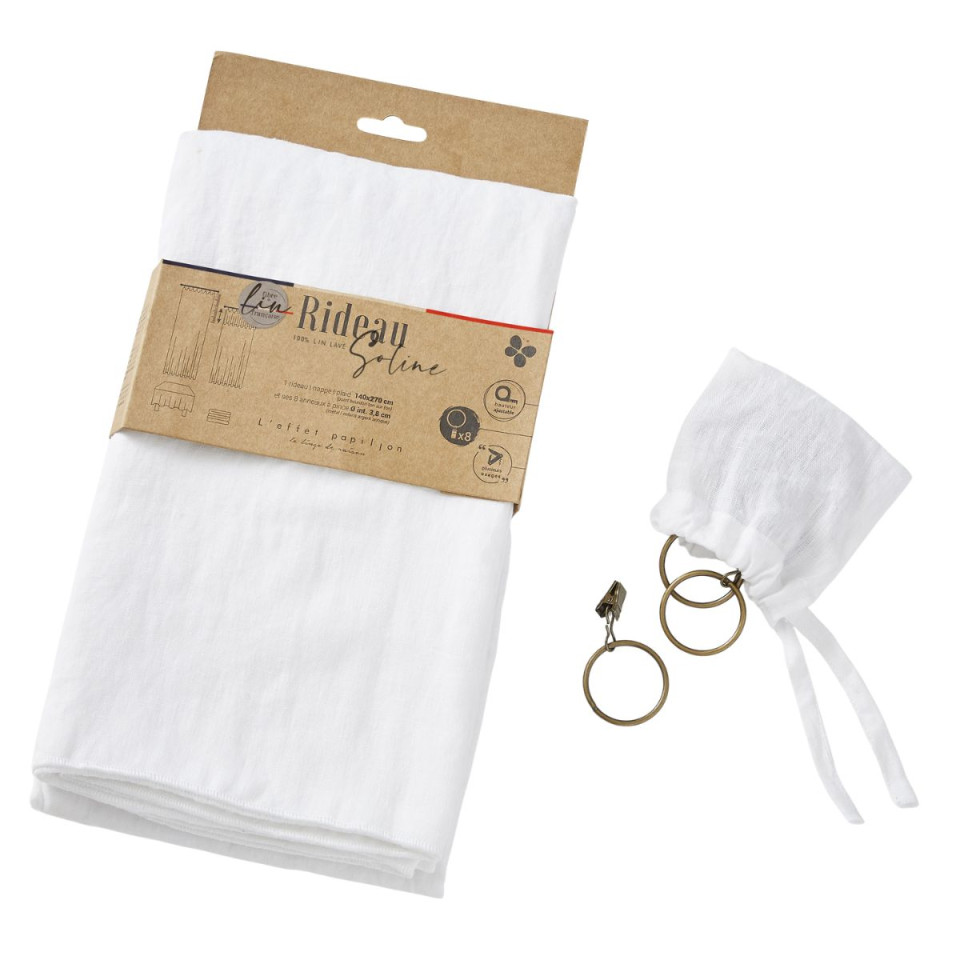 Rideau ajustable + 8 anneaux pince Lin Lavé SOLINE Couleur:Craie Dimensions:140 x 270 L'Effet Papillon