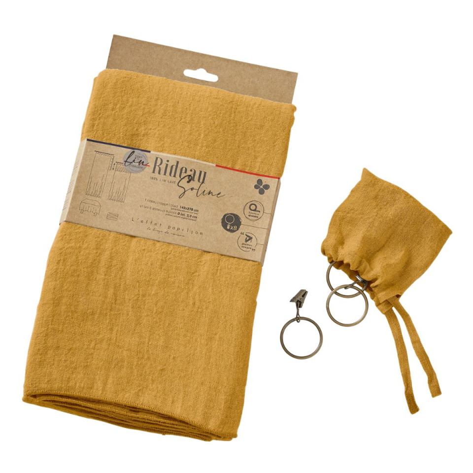 Rideau ajustable + 8 anneaux pince Lin Lavé SOLINE Couleur:Miel Dimensions:140 x 270 L'Effet Papillon