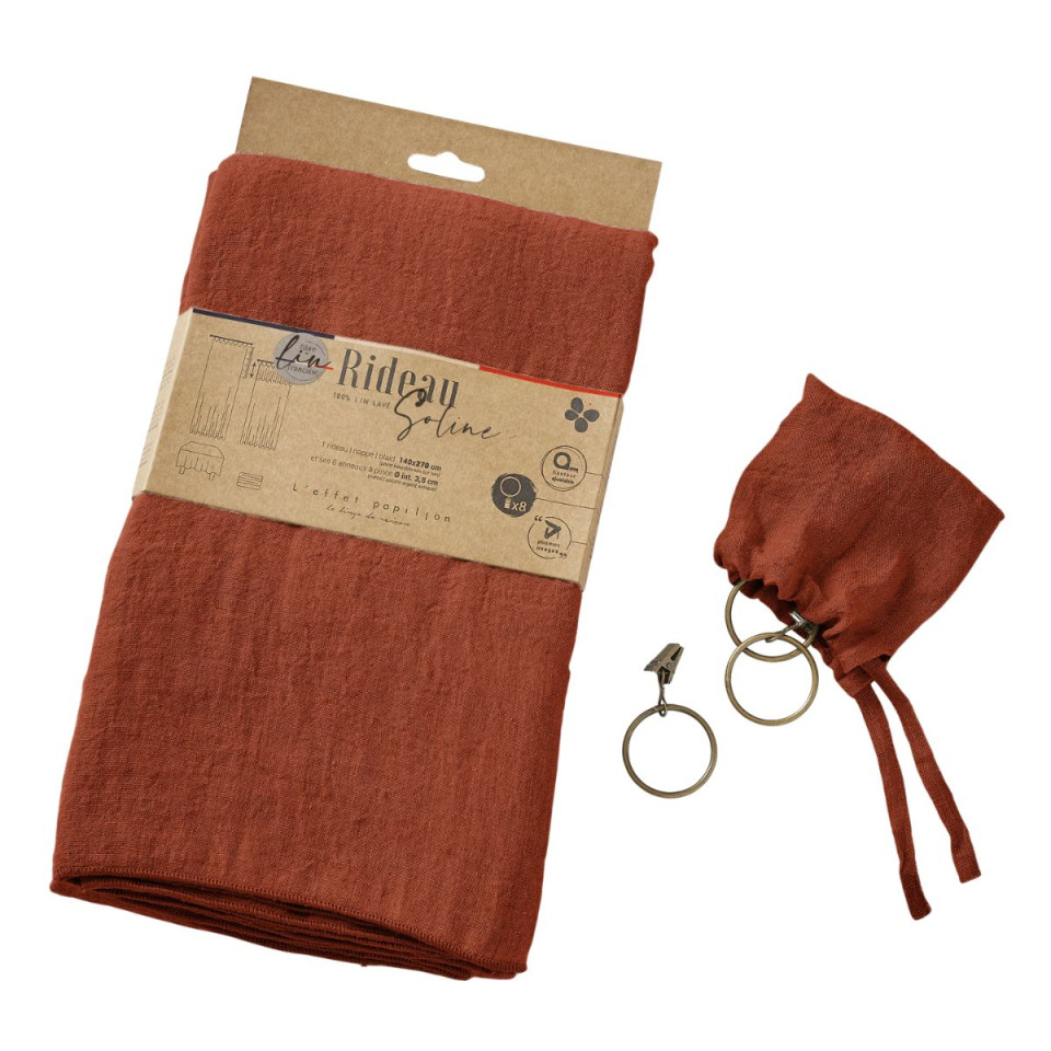 Rideau ajustable + 8 anneaux pince Lin Lavé SOLINE Couleur:Paprika Dimensions:140 x 270 L'Effet Papillon