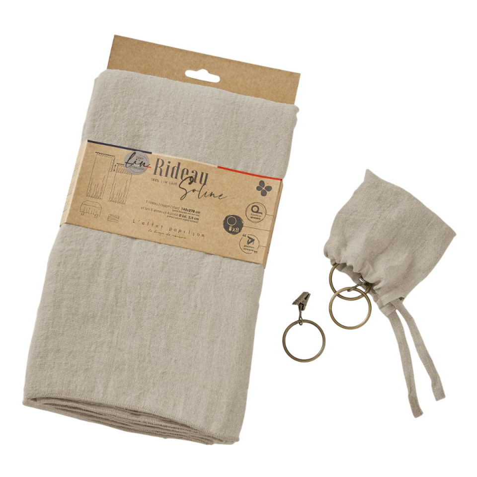 Rideau ajustable + 8 anneaux pince Lin Lavé SOLINE Couleur:Sable Dimensions:140 x 270 L'Effet Papillon