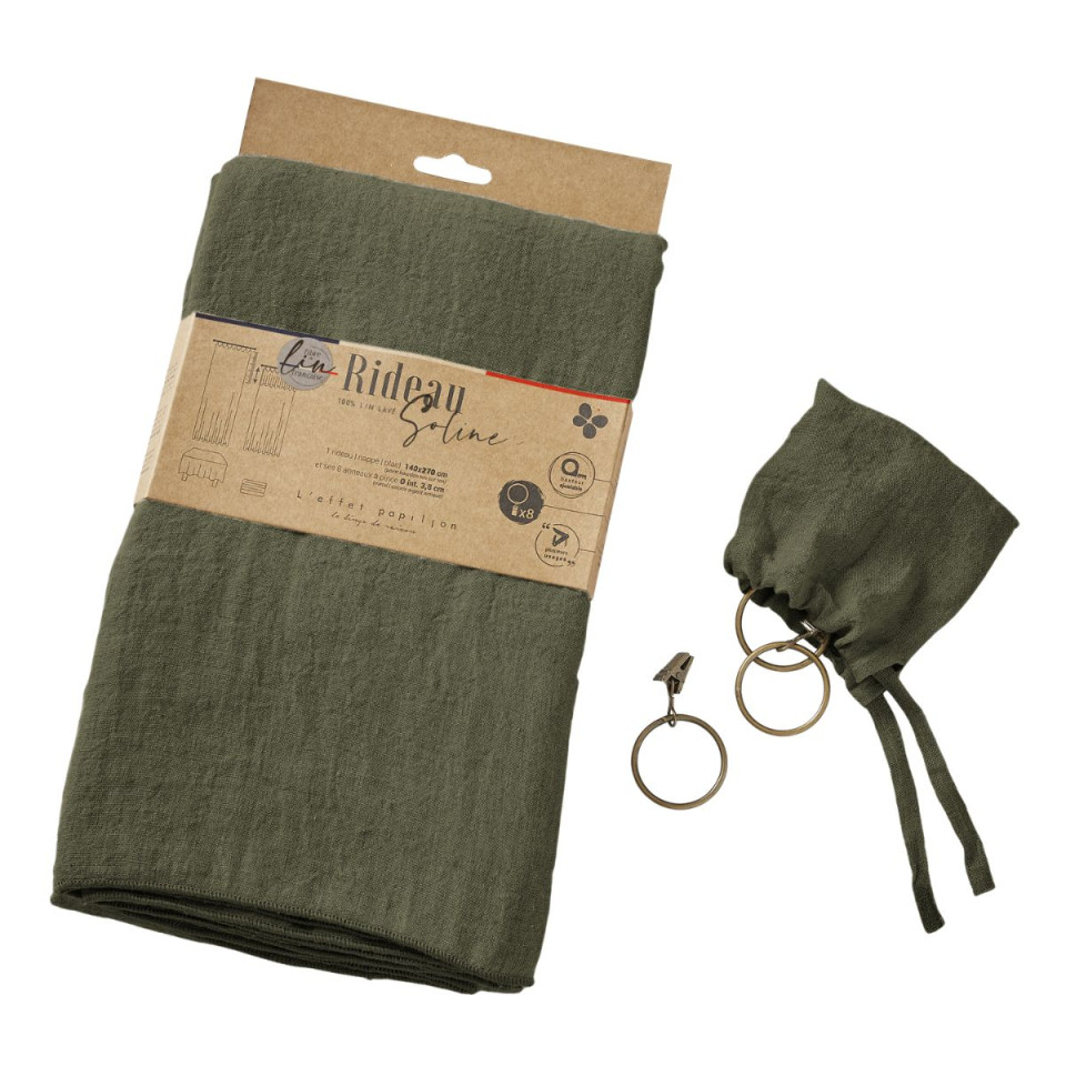 Rideau ajustable + 8 anneaux pince Lin Lavé SOLINE Couleur:Thym Dimensions:140 x 270 L'Effet Papillon