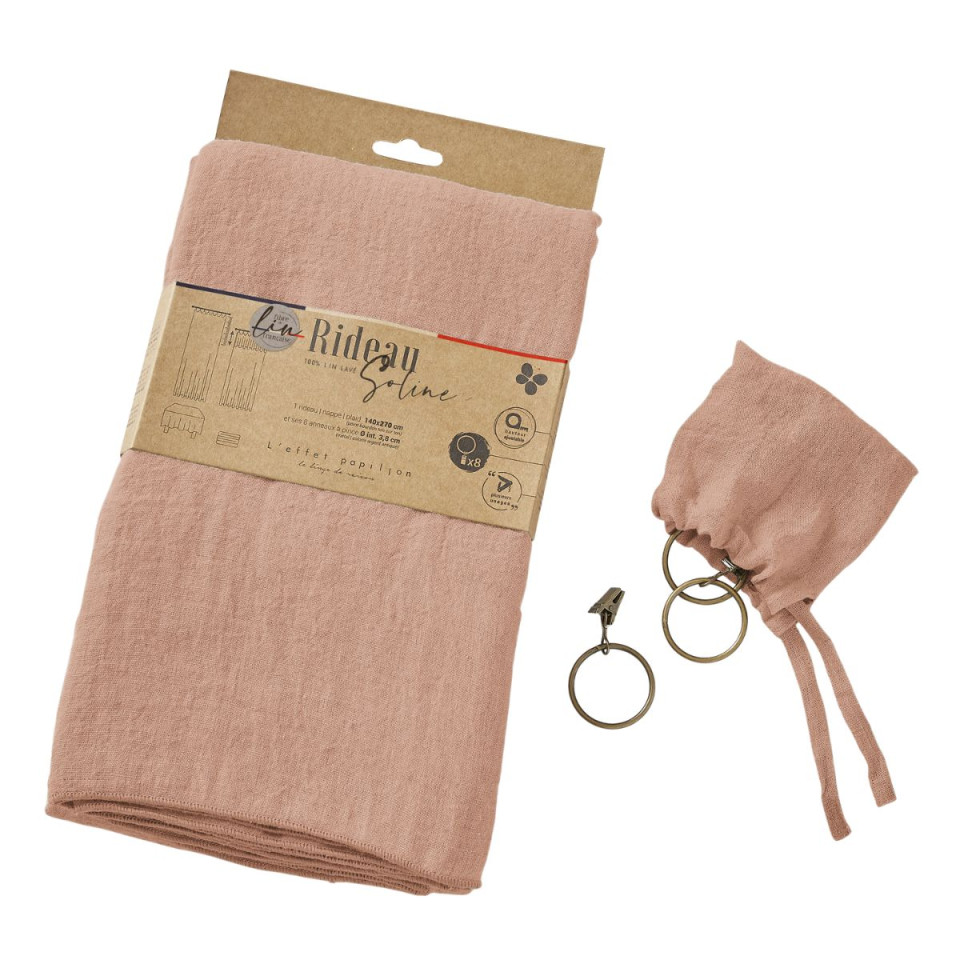 Rideau ajustable + 8 anneaux pince Lin Lavé SOLINE Couleur:Vieux Rose Dimensions:140 x 270 L'Effet Papillon