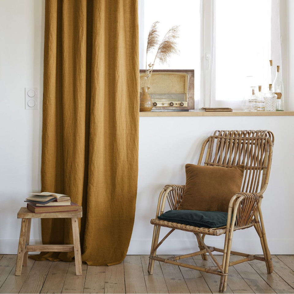 Rideau ajustable + 8 anneaux pince Lin Lavé SOLINE Couleur:Caramel Dimensions:140 x 270 L'Effet Papillon