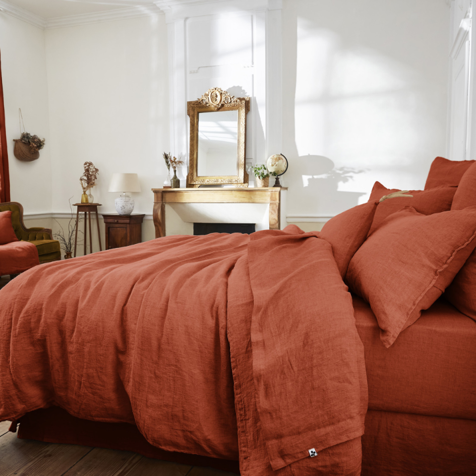 Drap Plat Lin Lavé SOLINE Couleur:Paprika  L'Effet Papillon