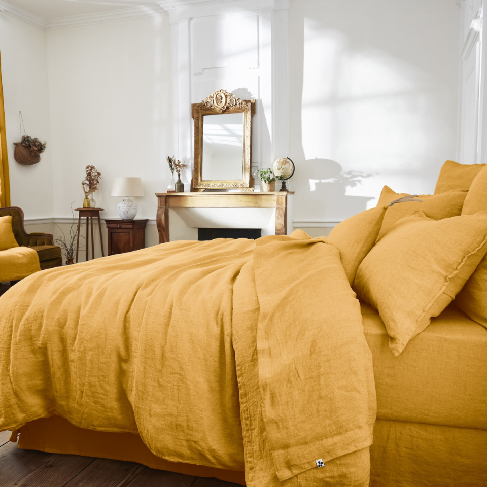 Drap Plat Lin Lavé SOLINE Couleur:Miel  L'Effet Papillon