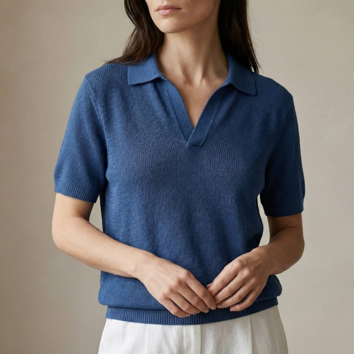 Polo bleu marine col V en coton côtelé Mudra Hartford - Impression lin