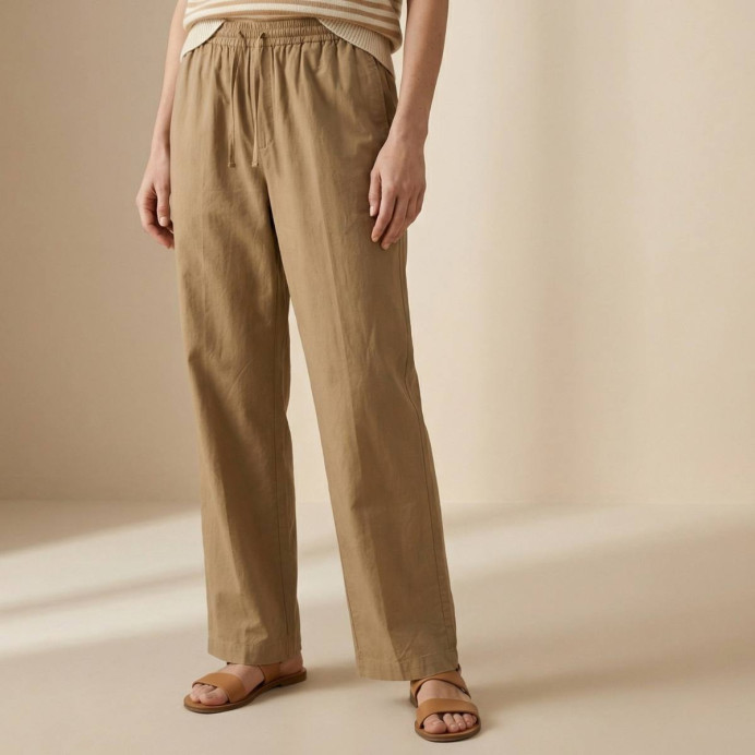 Pantalon femme marron droit en coton Peyo de Hartford - Impression lin