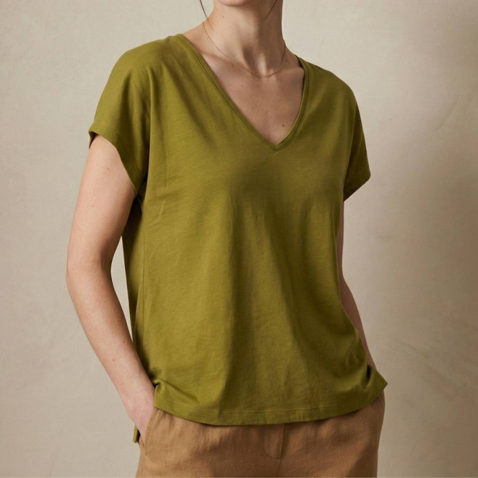 T-shirt femme vert col V en lyocell Tokiyo Hartford - Impression lin