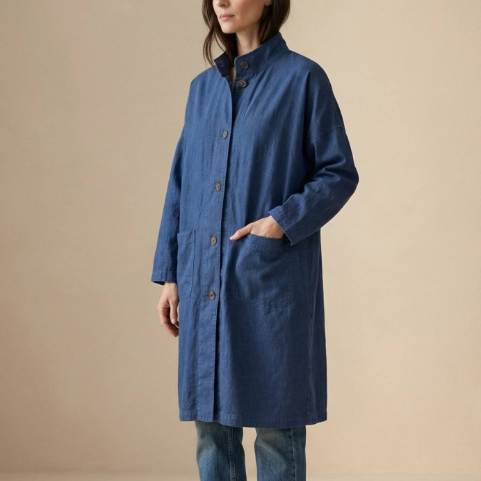Veste longue droite bleu en coton Valor Coat Hartford – Impression lin
