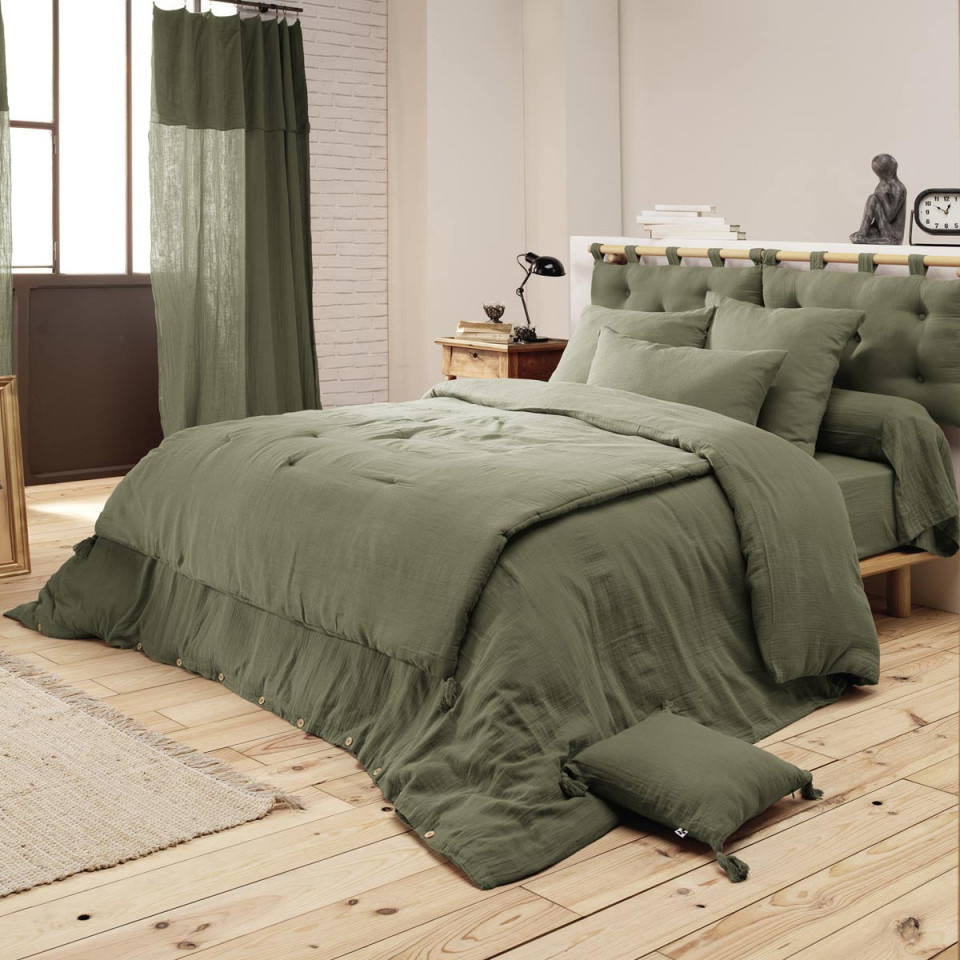 Plaid / Couvre Lit Matelassé Gaze de Coton GAIA Couleur:Romarin  L'Effet Papillon