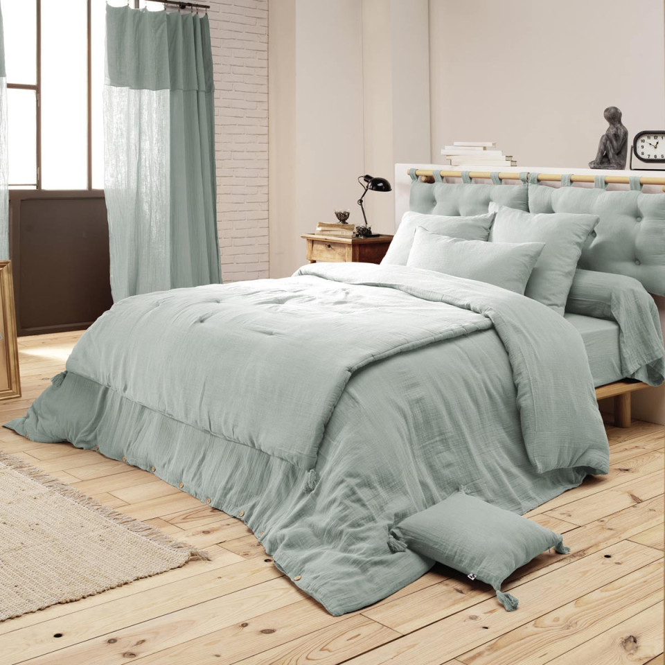 Plaid / Couvre Lit Matelassé Gaze de Coton GAIA Couleur:Vert d'Eau  L'Effet Papillon