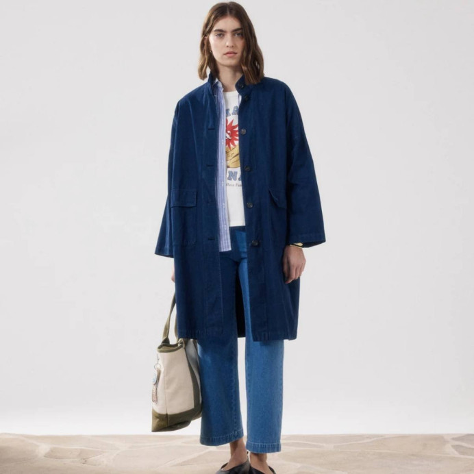 Veste longue droite bleu en coton Valor Coat Hartford – Impression lin