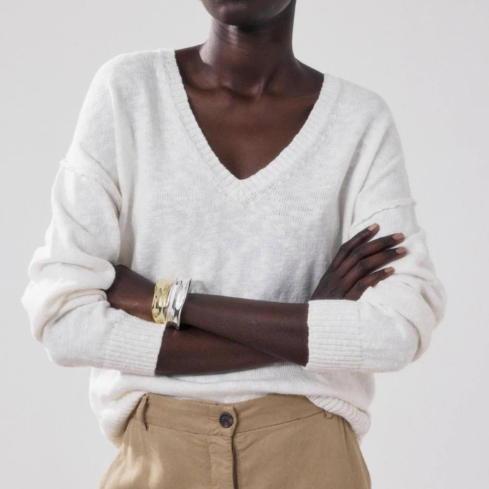 Pull femme écru en Maille Col V Mirisa de Hartford - Impression lin