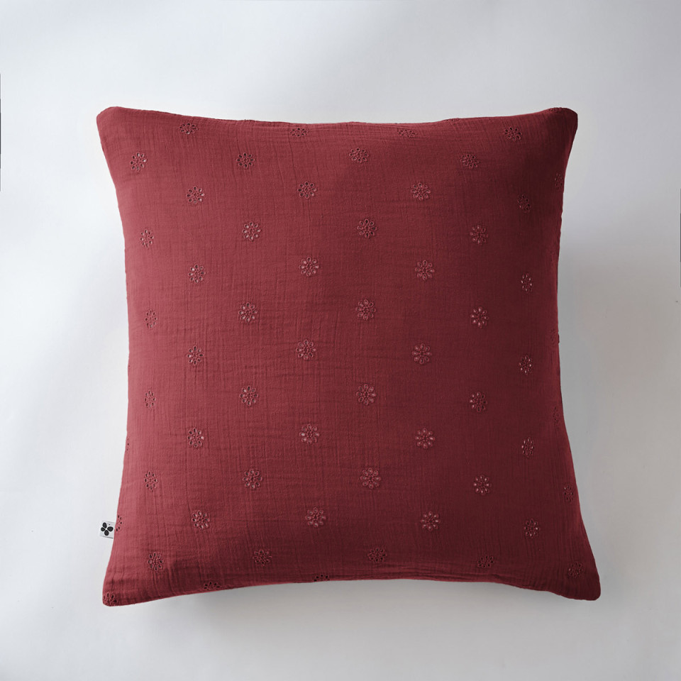Taie d'Oreiller Gaze de coton GAIA BOHO Couleur:Lie de Vin Dimensions:60 x 60 L'Effet Papillon