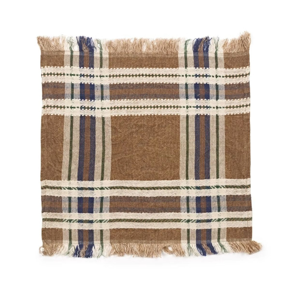 Serviette de table en lin Batsi à carreaux et franges