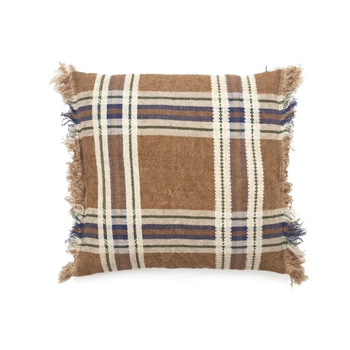 Housse de coussin en lin Batsi à carreaux et franges