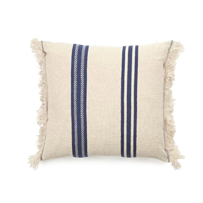 Housse de coussin en lin The Indigo Stripe à franges