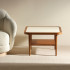 Table basse carrée Puzzle Maison Sarah Lavoine, plateau en stratifié cerclé de chêne et étagère