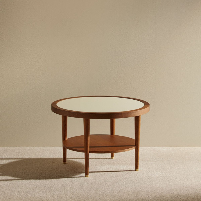 Table basse ronde stratifiée Puzzle Maison Sarah Lavoine, plateau cerclé de chêne et étagère ronde