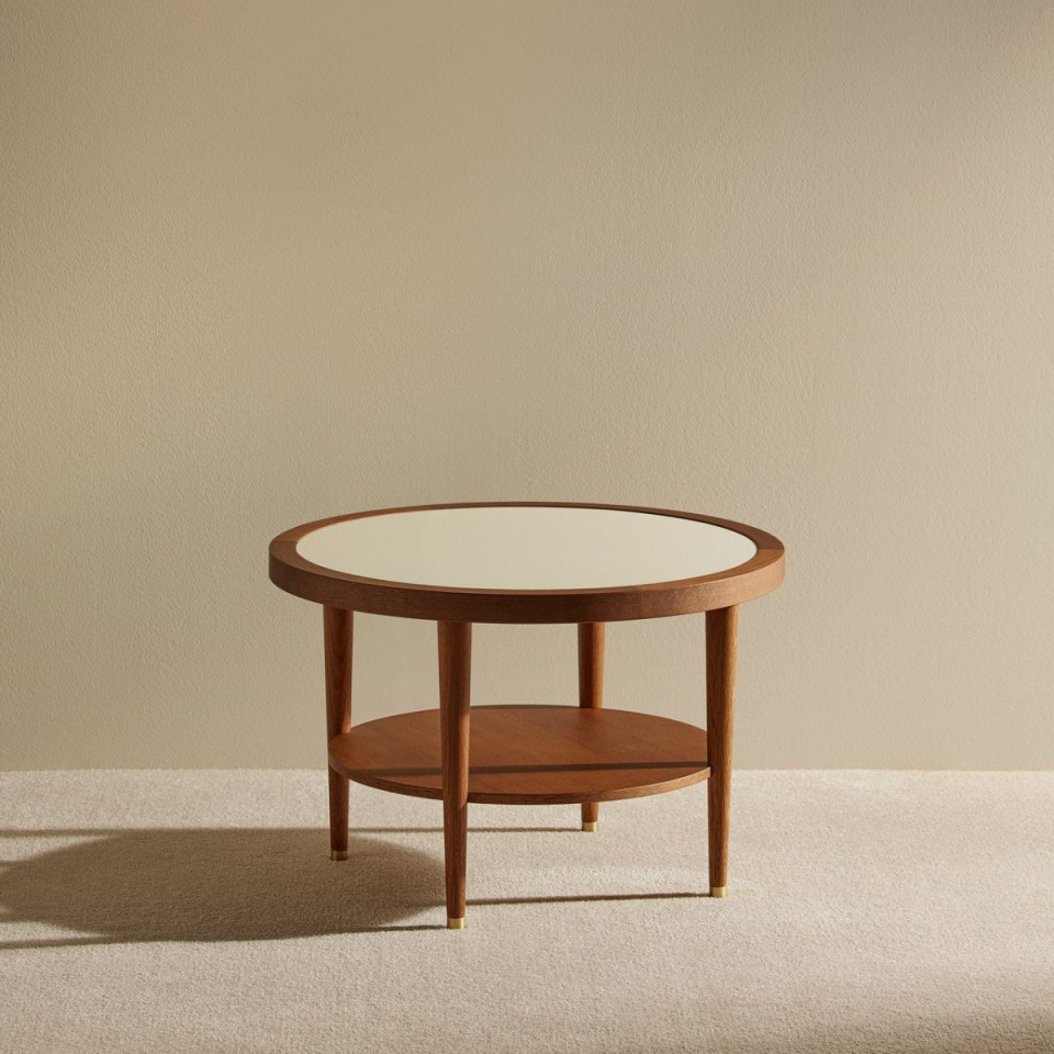 Table basse ronde stratifiée Puzzle Maison Sarah Lavoine, plateau cerclé de chêne et étagère ronde