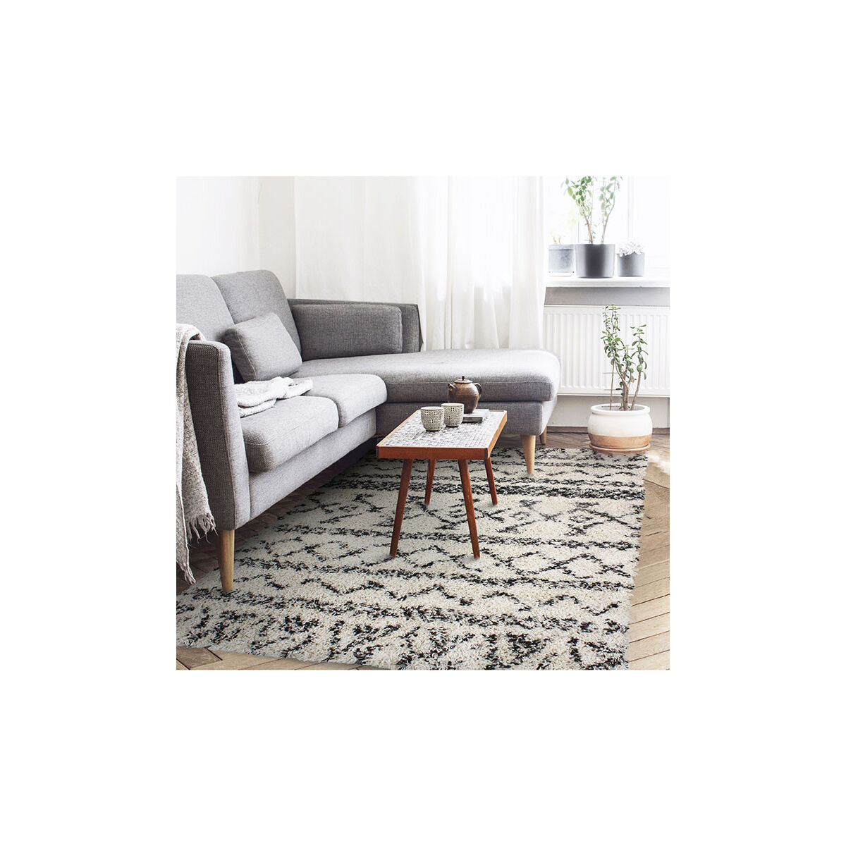 Tapis blanc/noir en coton ethnique grande taille - Impression Lin