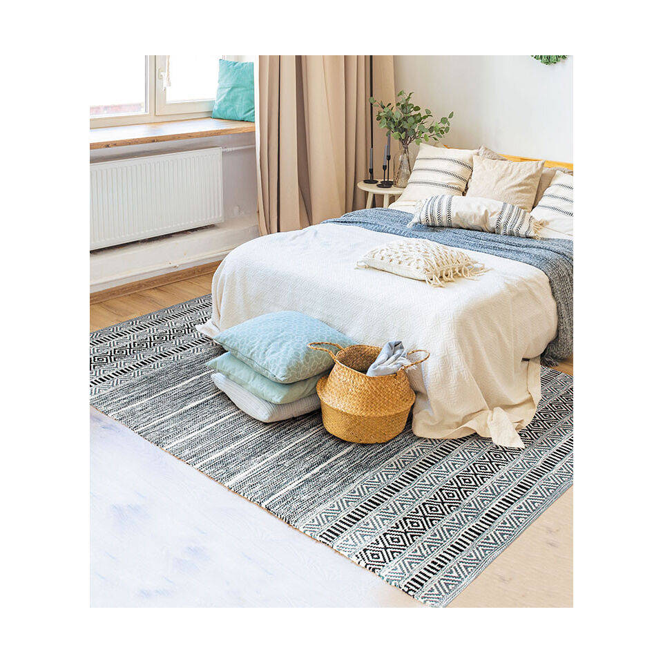 Tapis blanc/noir en coton ethnique grande taille  - Impression Lin