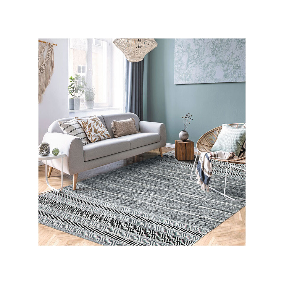 Tapis blanc/noir en coton ethnique grande taille  - Impression Lin