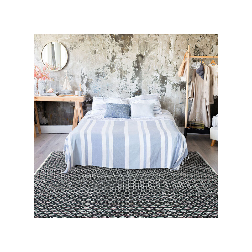 Tapis blanc/noir en coton croisillons grande taille  - Impression Lin