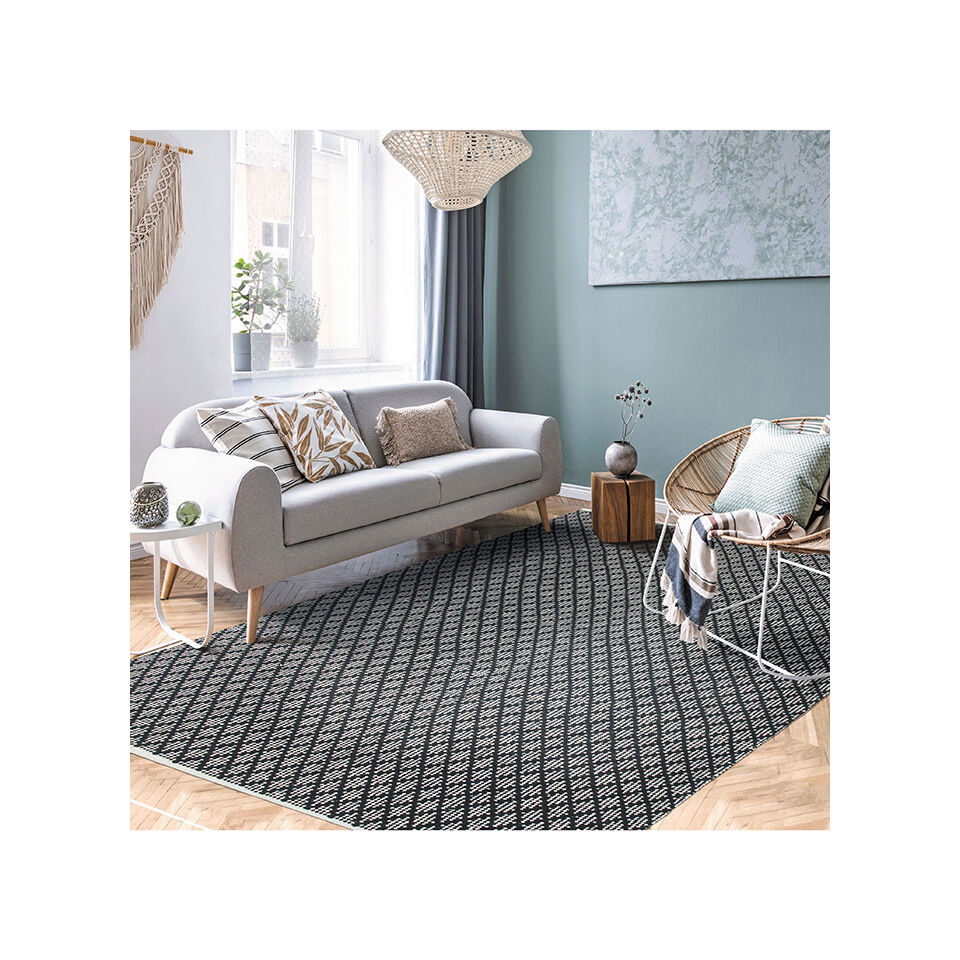 Tapis blanc/noir en coton croisillons grande taille  - Impression Lin