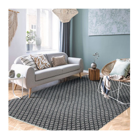 Tapis blanc/noir en coton croisillons grande taille  - Impression Lin