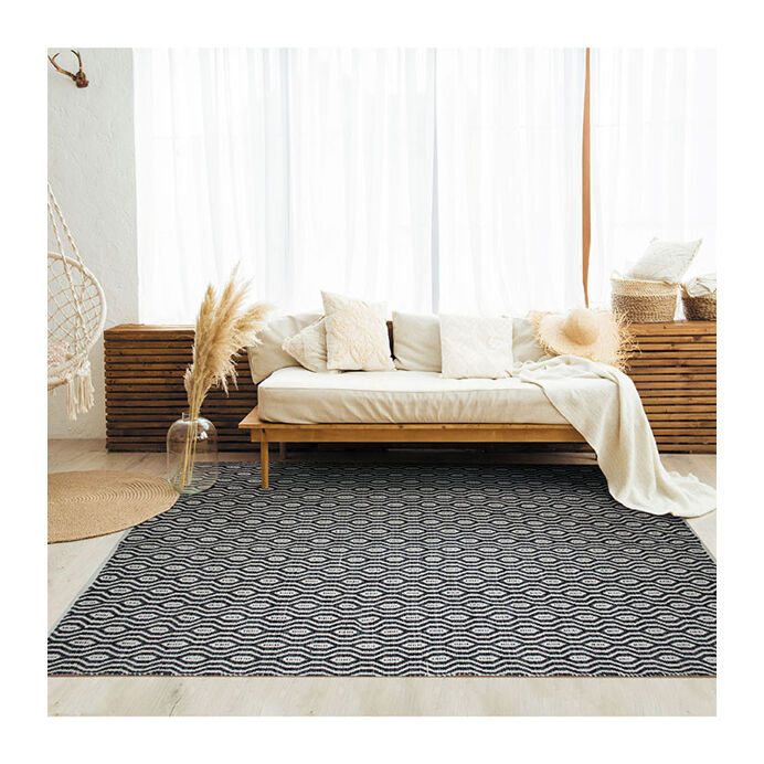 Tapis blanc/noir en coton géométrie grande taille  