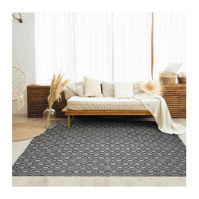 Tapis blanc/noir en coton géométrie grande taille  - Impression Lin